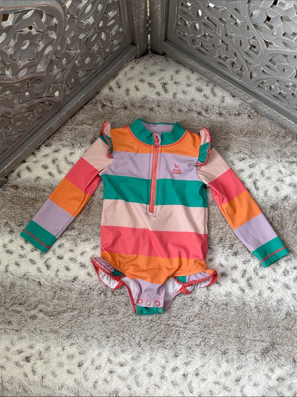 Eddie Bauer long sleeve swimsuit baby girls 18 months stripes ruffles beach